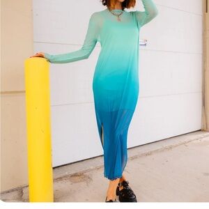 Dressed in LALA blue mesh ombré dress with slip